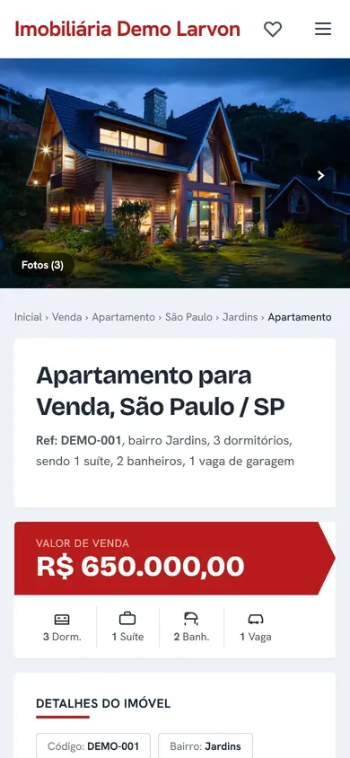 Página de imóvel do site gerado pelo Larvon