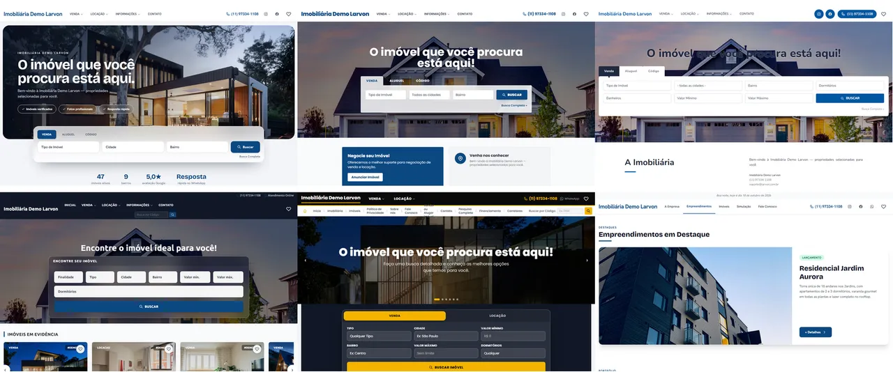 Grade com os modelos de site disponíveis para a imobiliária escolher, cada um com layout próprio